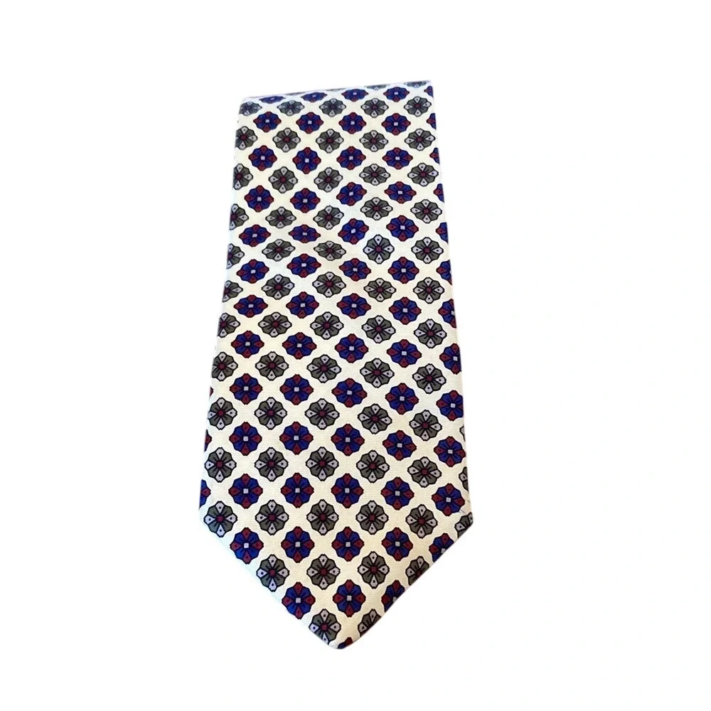 Lands End Mens Silk Yellow Burgundy Blue Patterned Tie 57